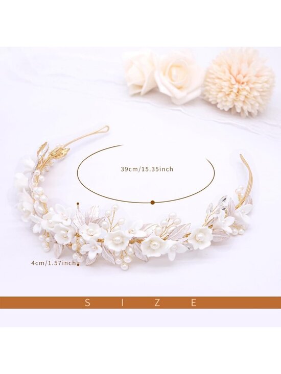 Elegant Gold Bridal Headband with Ceramic Flowers & Pearl Accents - Wedding Hair main image 4